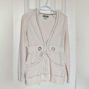 Women's (Size M) Long Off-White Zip-Up Hoodie/Jacket With Grey Trim & Drawstring
